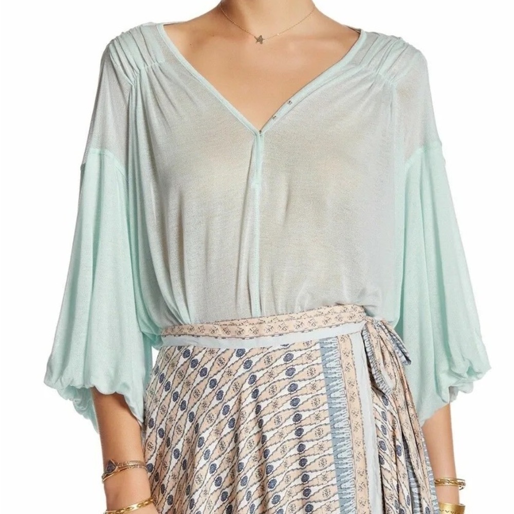 Free People Sea Green Knit Blouse, Size Medium